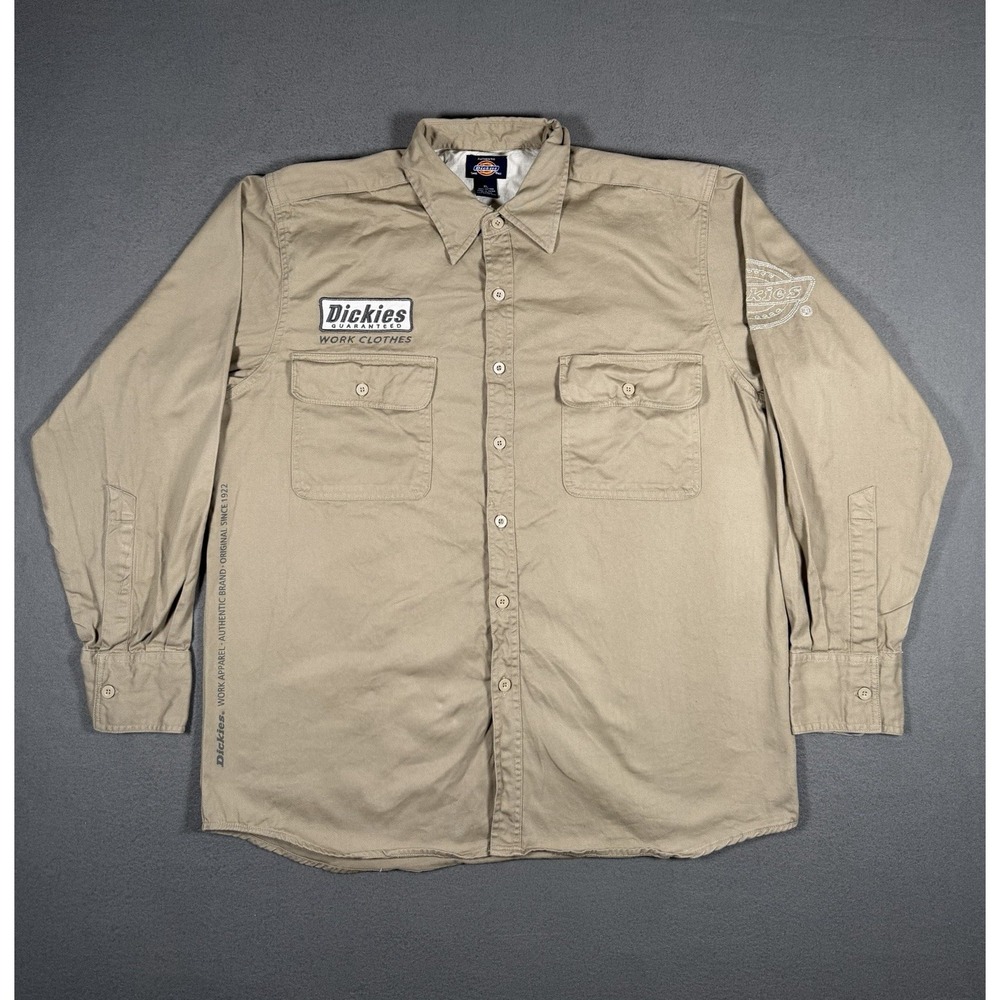 Vintage Dickies Work Shirt Mens XL Khaki Long Sleeve Back Graphic Spell Out